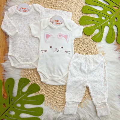 CONJ. DE MALHA 3 PEÇAS-Gatinha com Florzinha - Off White e Rosa